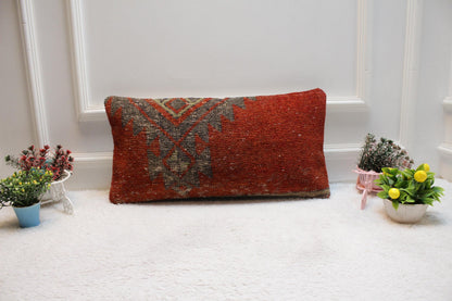 Red Turkish Rug Lumbar Pillow Cover: Vintage Woven Wool, 12x24 inch