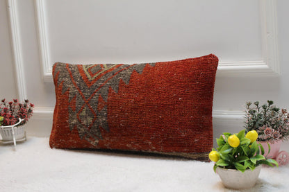 Red Turkish Rug Lumbar Pillow Cover: Vintage Woven Wool, 12x24 inch