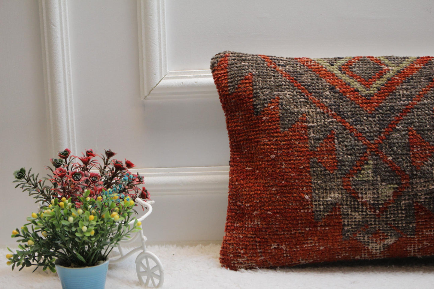 Red Turkish Rug Lumbar Pillow Cover: Vintage Woven Wool, 12x24 inch