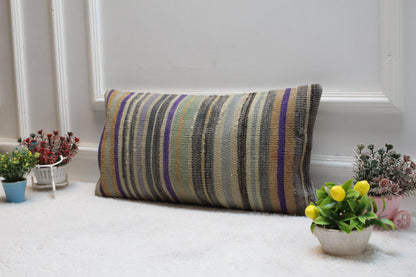 Striped Vintage Turkish Kilim Pillow Cover (12x24 inch)