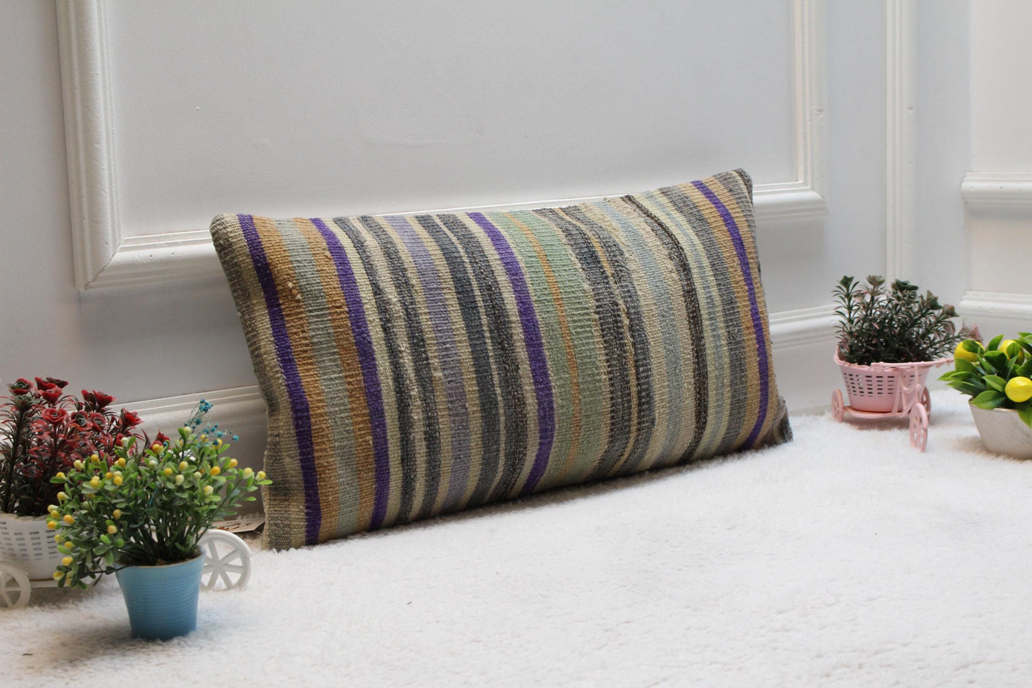 Striped Vintage Turkish Kilim Pillow Cover (12x24 inch)