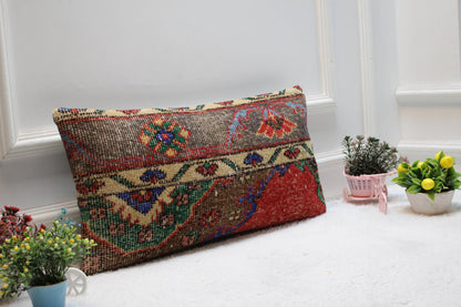 Handmade Floral Kilim Lumbar Pillow Cover: Upcycled Woven Rug (12x24 in)