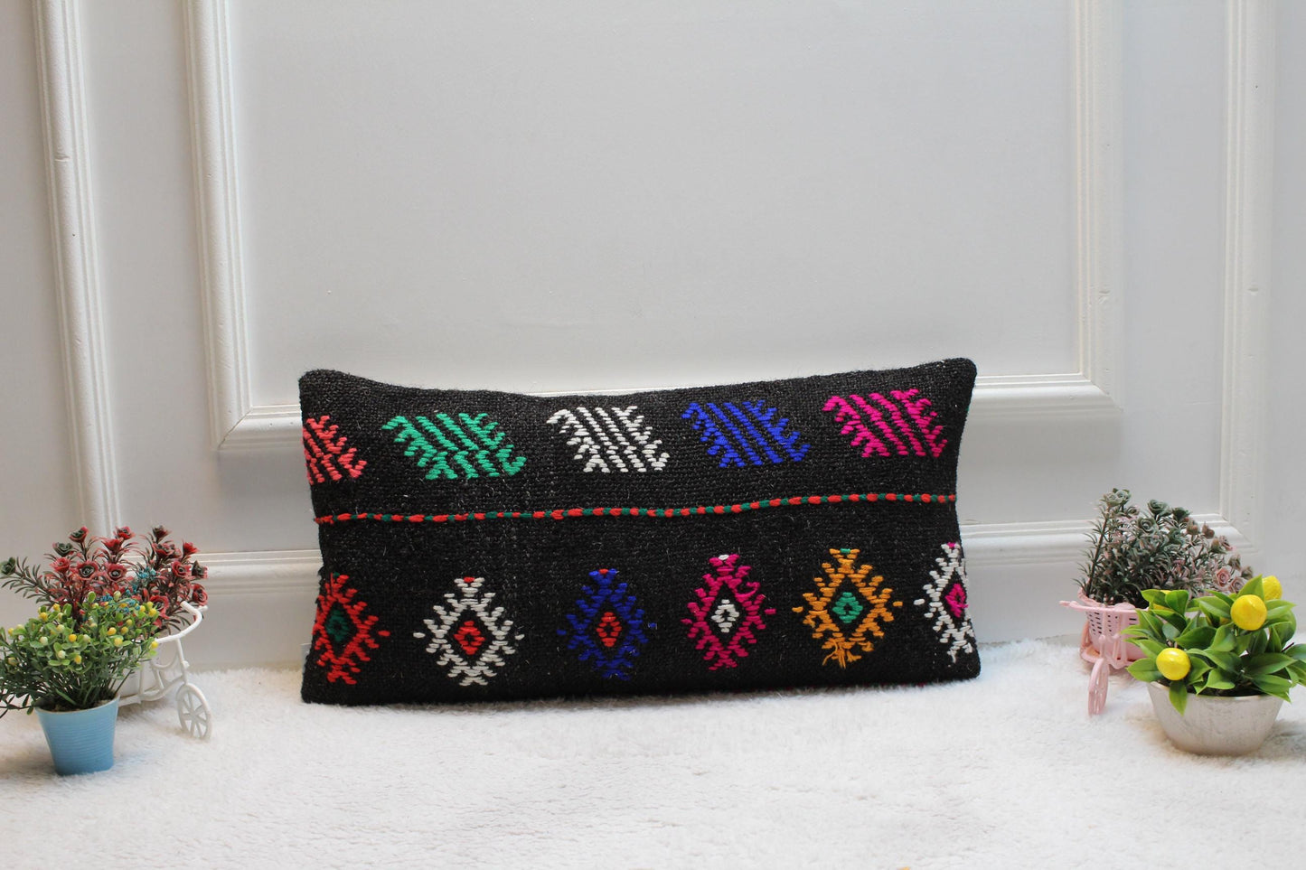 Handmade Turkish Kilim Pillow: Ethnic Black Wool Lumbar Pillow Cover