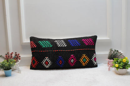 Handmade Turkish Kilim Pillow: Ethnic Black Wool Lumbar Pillow Cover