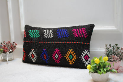 Handmade Turkish Kilim Pillow: Ethnic Black Wool Lumbar Pillow Cover