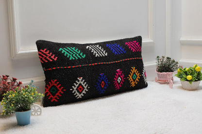 Handmade Turkish Kilim Pillow: Ethnic Black Wool Lumbar Pillow Cover
