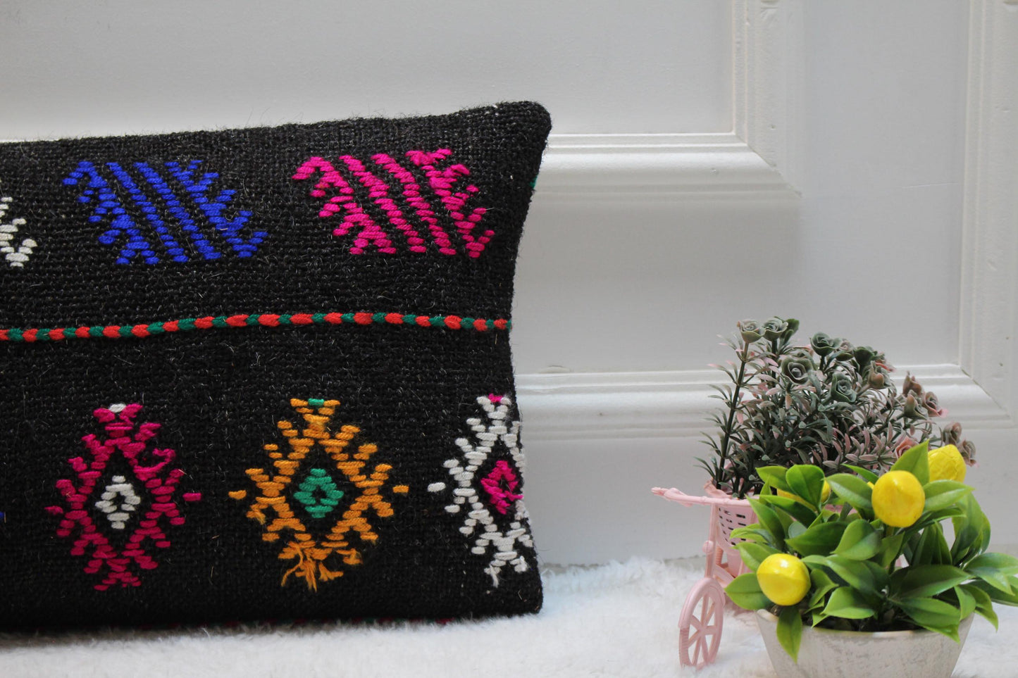 Handmade Turkish Kilim Pillow: Ethnic Black Wool Lumbar Pillow Cover