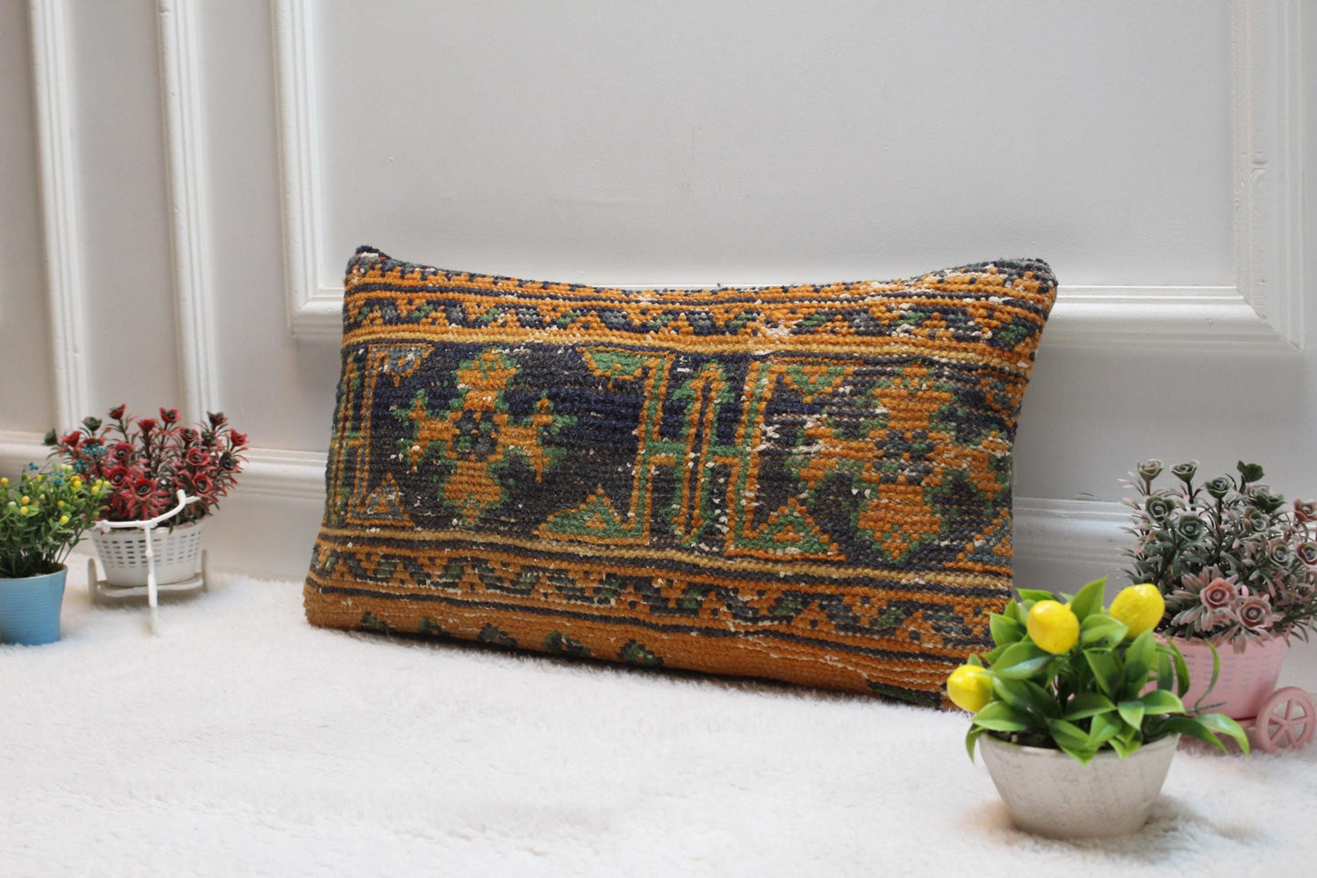 Handmade Kilim Pillow Cover: Orange & Blue Geometric Rug Pillow (12x24in)