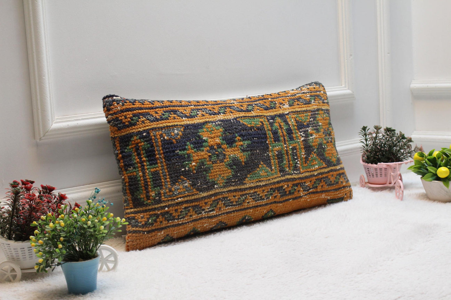 Handmade Kilim Pillow Cover: Orange & Blue Geometric Rug Pillow (12x24in)