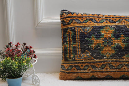 Handmade Kilim Pillow Cover: Orange & Blue Geometric Rug Pillow (12x24in)