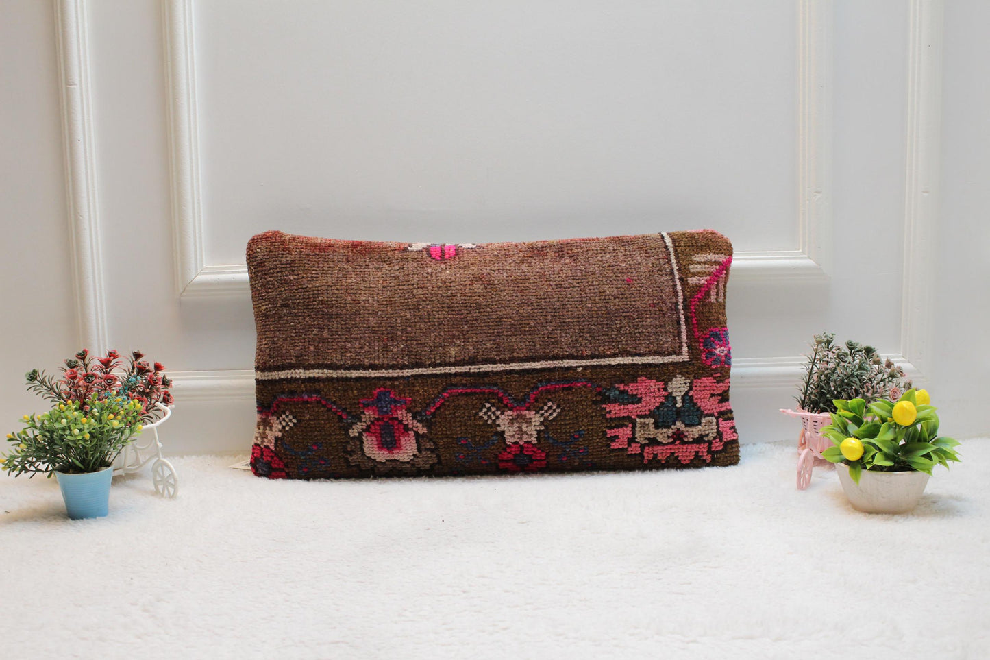 Handmade Kilim Pillow Cover: Upcycled Woven Rug, Brown & Pink (12x24 inc)