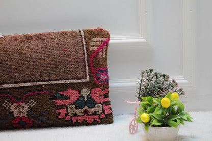 Handmade Kilim Pillow Cover: Upcycled Woven Rug, Brown & Pink (12x24 inc)