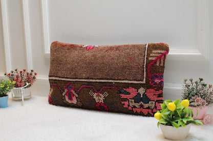 Handmade Kilim Pillow Cover: Upcycled Woven Rug, Brown & Pink (12x24 inc)