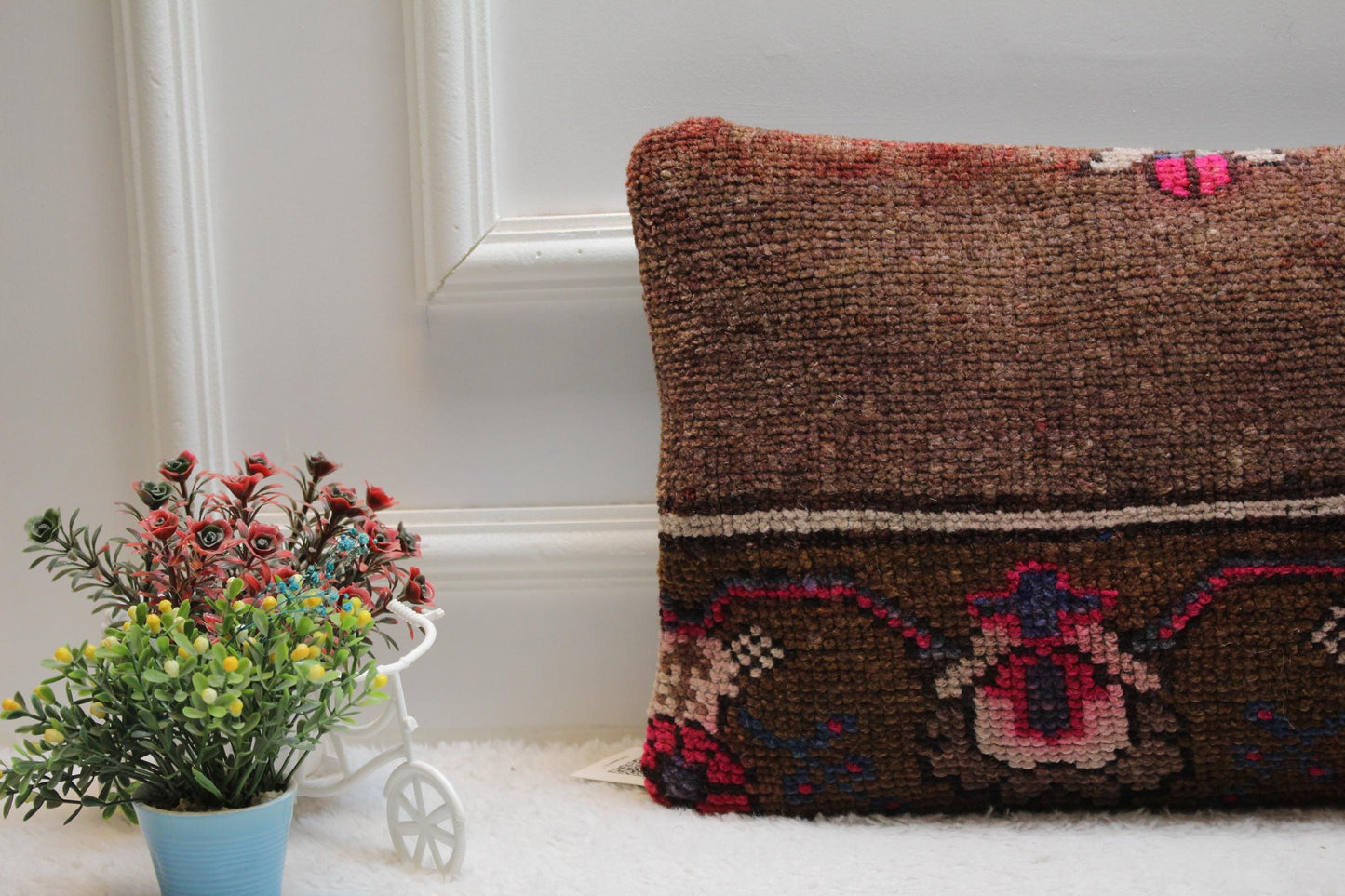 Handmade Kilim Pillow Cover: Upcycled Woven Rug, Brown & Pink (12x24 inc)