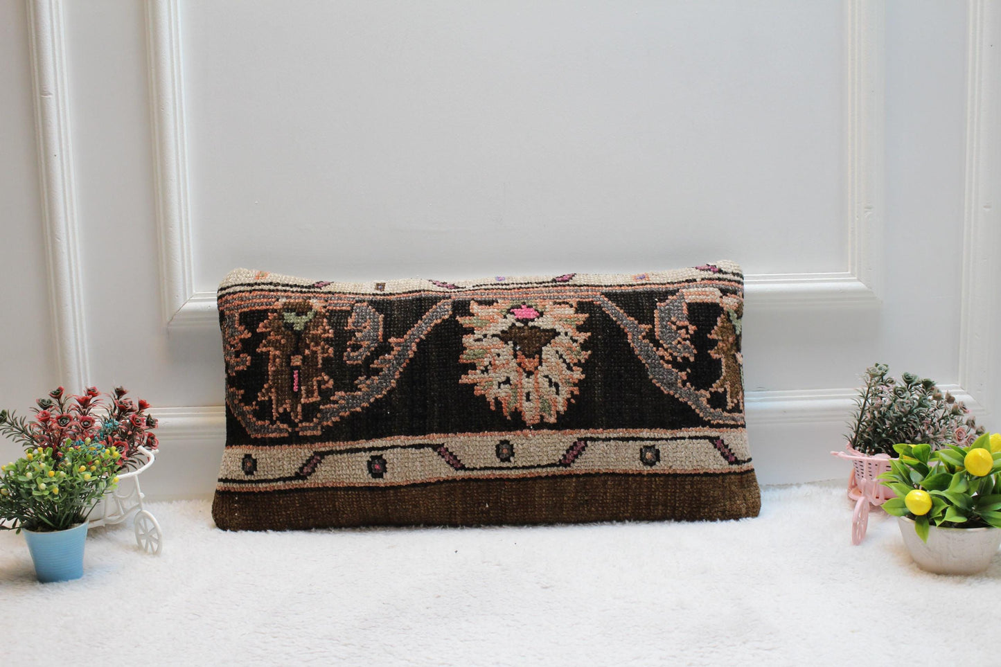 Handmade Kilim Lumbar Pillow Cover: Black Woven Rug, 12x24 inc