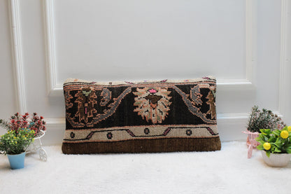 Handmade Kilim Lumbar Pillow Cover: Black Woven Rug, 12x24 inc