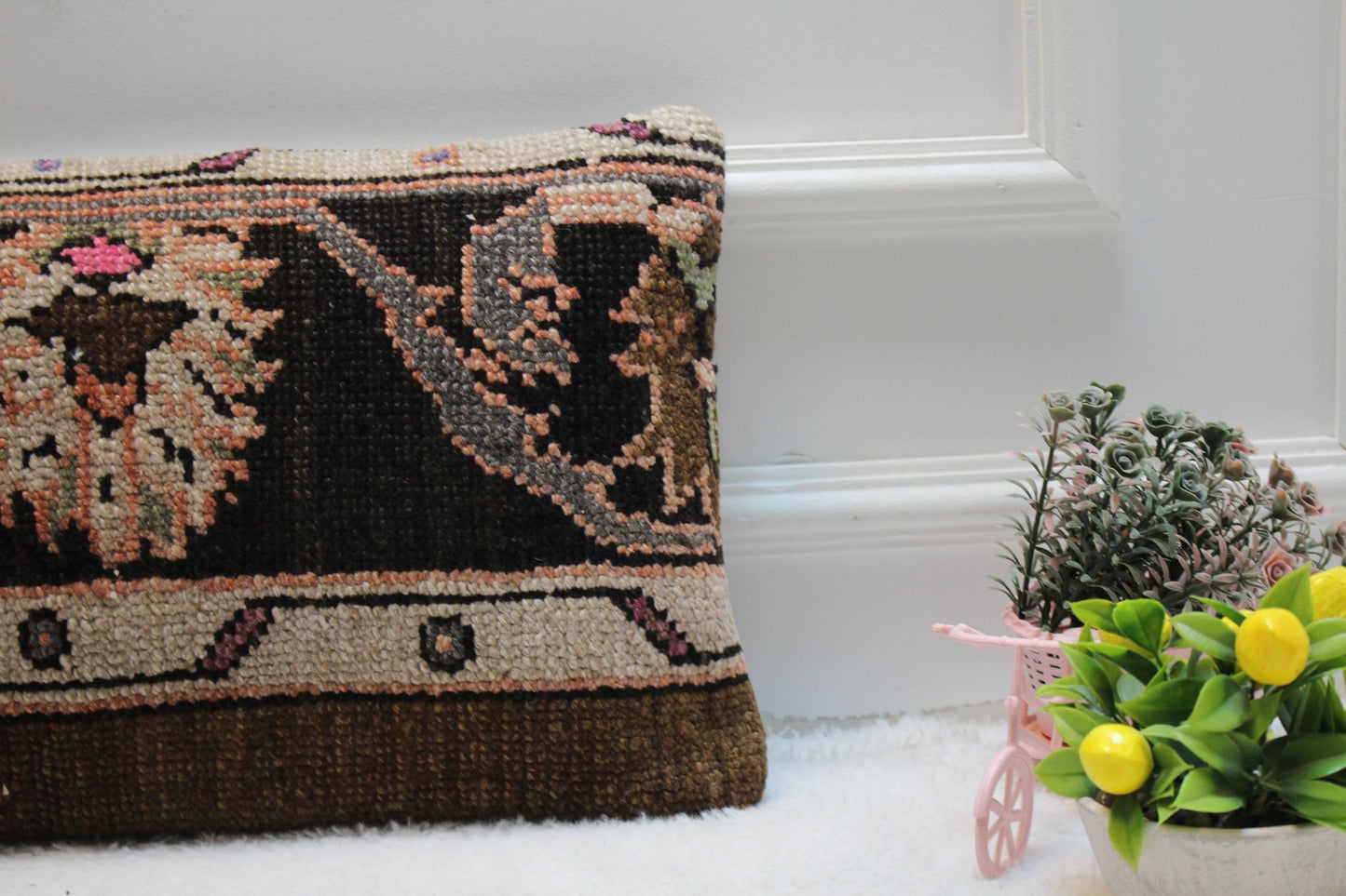 Handmade Kilim Lumbar Pillow Cover: Black Woven Rug, 12x24 inc