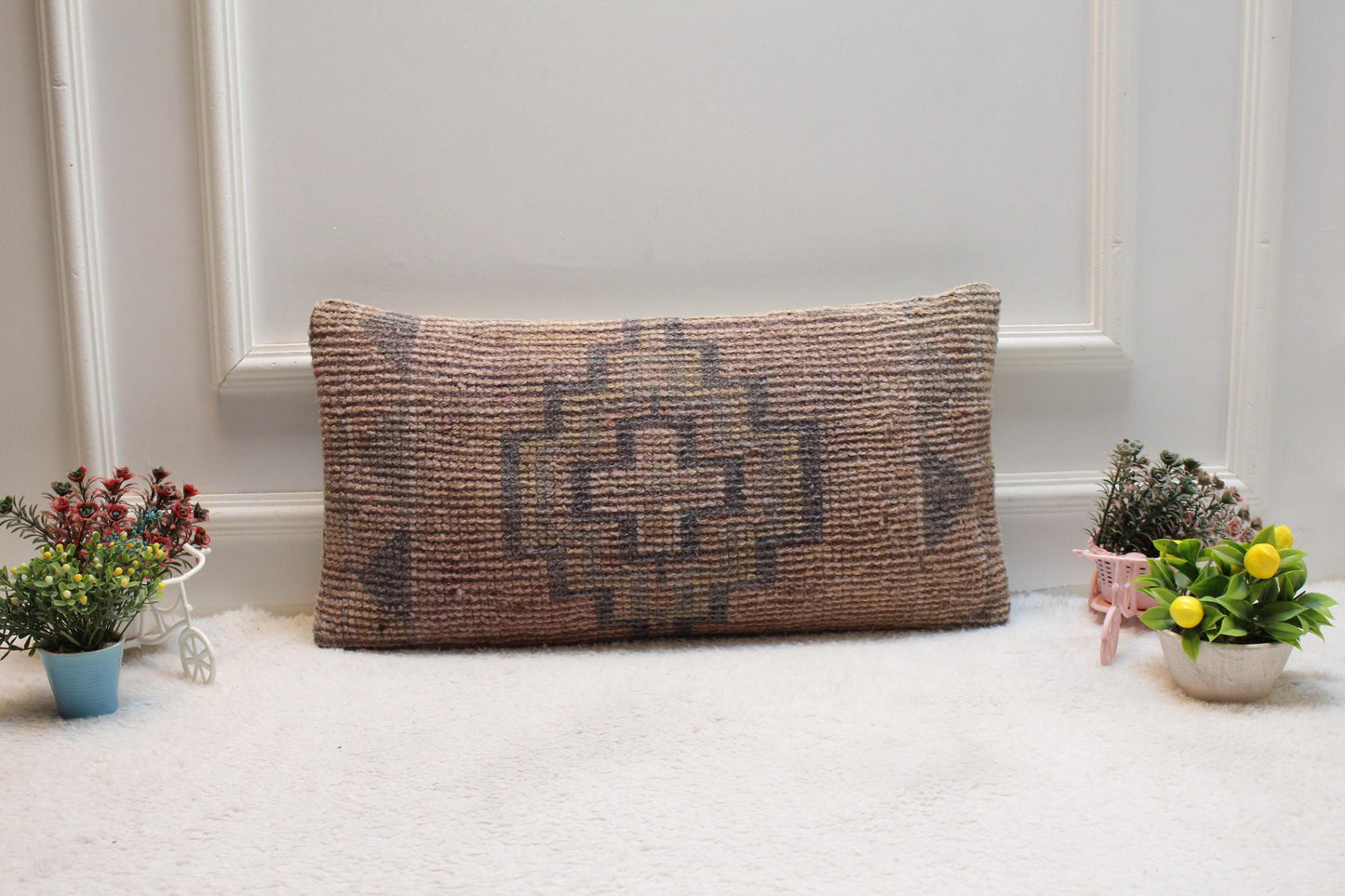 Boho Lumbar Pillow Cover: Pink Turkish Rug, Organic Wool (12x24 in)