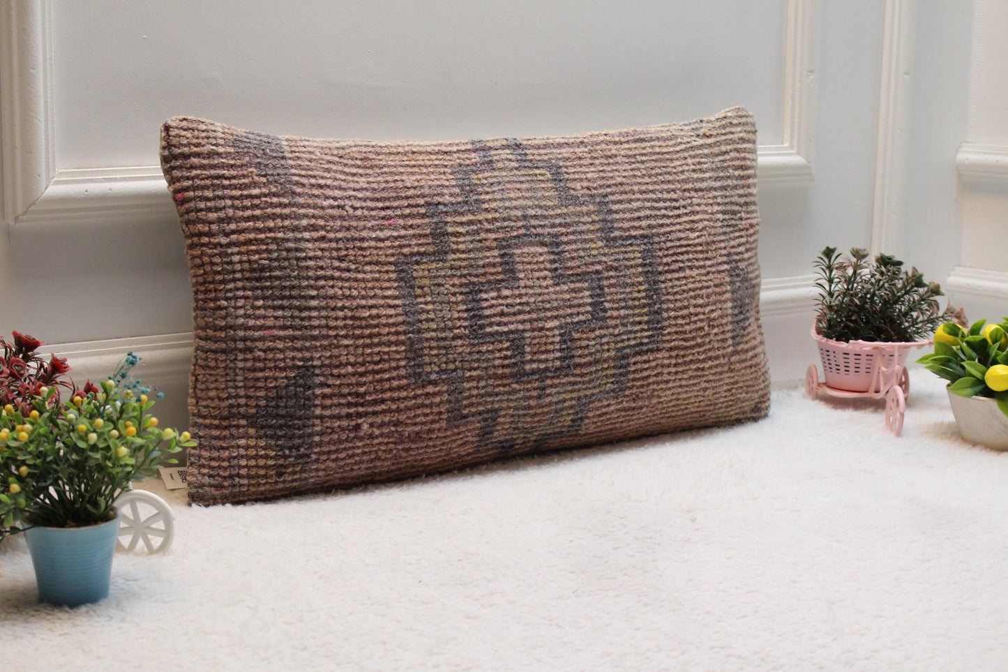 Boho Lumbar Pillow Cover: Pink Turkish Rug, Organic Wool (12x24 in)