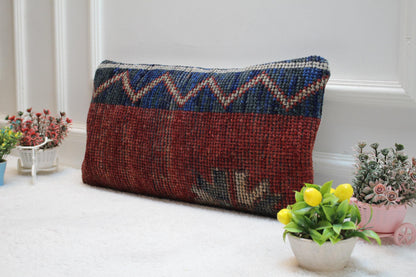 Vintage Turkish Kilim Pillow Cover: Red and Blue Woven Wool, 12x24 inch