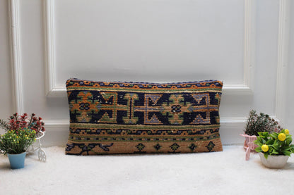 Geometric Kilim Lumbar Pillow Cover: Vintage Turkish Rug, 12x24 inch