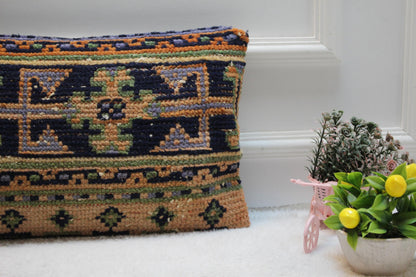 Geometric Kilim Lumbar Pillow Cover: Vintage Turkish Rug, 12x24 inch