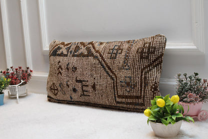 Vintage Turkish Rug Lumbar Pillow Cover: Brown Anatolian Design, 12x24 inch