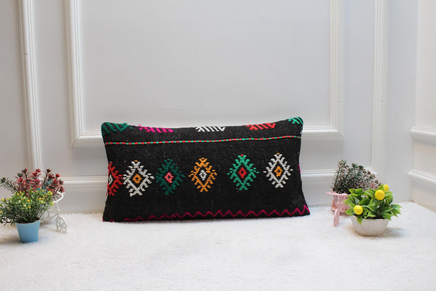 Geometric Kilim Lumbar Pillow Cover: Black Woven Rug, 12x24 inch
