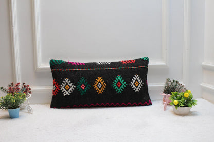 Geometric Kilim Lumbar Pillow Cover: Black Woven Rug, 12x24 inch