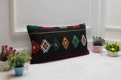 Geometric Kilim Lumbar Pillow Cover: Black Woven Rug, 12x24 inch