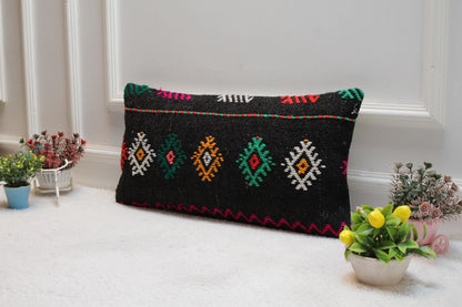 Geometric Kilim Lumbar Pillow Cover: Black Woven Rug, 12x24 inch