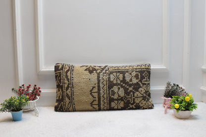 Vintage Turkish Rug Lumbar Pillow Cover: Beige Wool Anatolian Pillow (12x24 in)