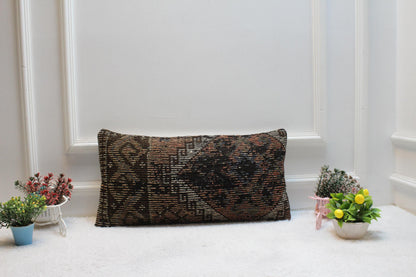 Handmade Kilim Lumbar Pillow Cover: Geometric Boho Design (12x24 inc)
