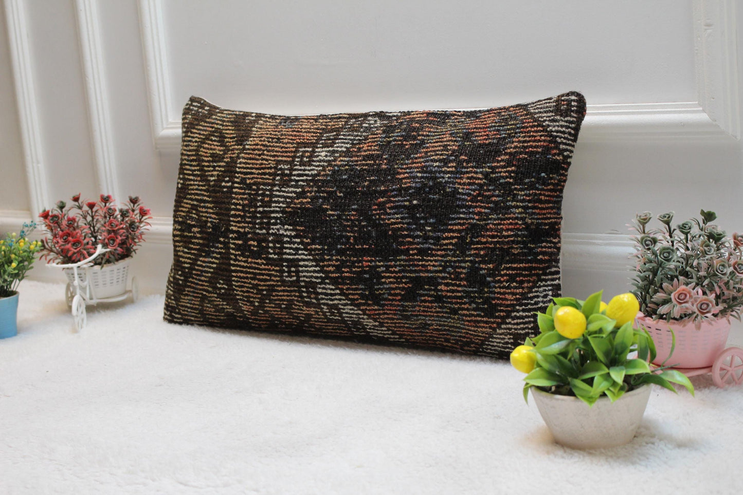 Handmade Kilim Lumbar Pillow Cover: Geometric Boho Design (12x24 inc)