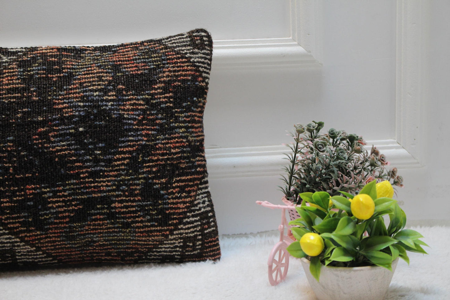 Handmade Kilim Lumbar Pillow Cover: Geometric Boho Design (12x24 inc)