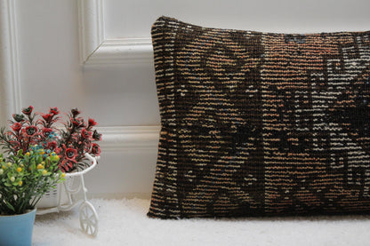 Handmade Kilim Lumbar Pillow Cover: Geometric Boho Design (12x24 inc)