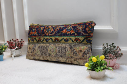 Handmade Kilim Lumbar Pillow Cover: Upcycled Woven Wool, Boho Patchwork (12x24 in)