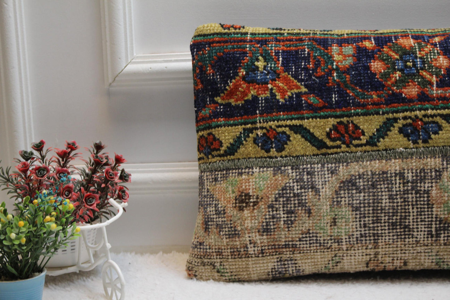 Handmade Kilim Lumbar Pillow Cover: Upcycled Woven Wool, Boho Patchwork (12x24 in)