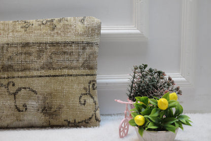 Beige Vintage Turkish Rug Lumbar Pillow Cover: Handmade Wool, 12x24 inch