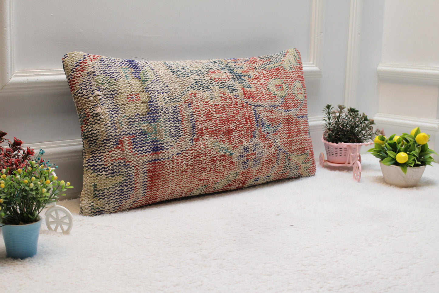 Handmade Turkish Rug Lumbar Pillow Cover: Organic Wool, 12x24 inch