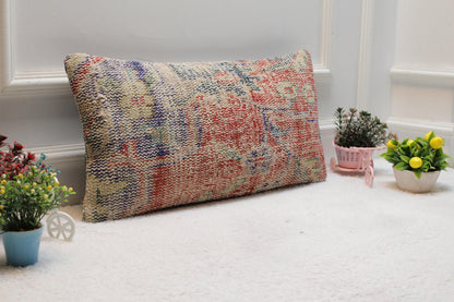 Handmade Turkish Rug Lumbar Pillow Cover: Organic Wool, 12x24 inch