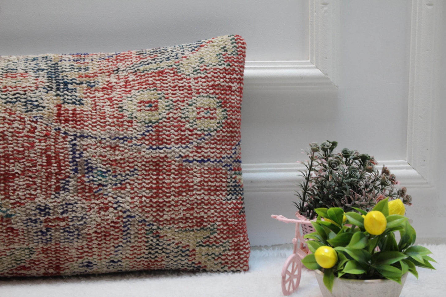 Handmade Turkish Rug Lumbar Pillow Cover: Organic Wool, 12x24 inch