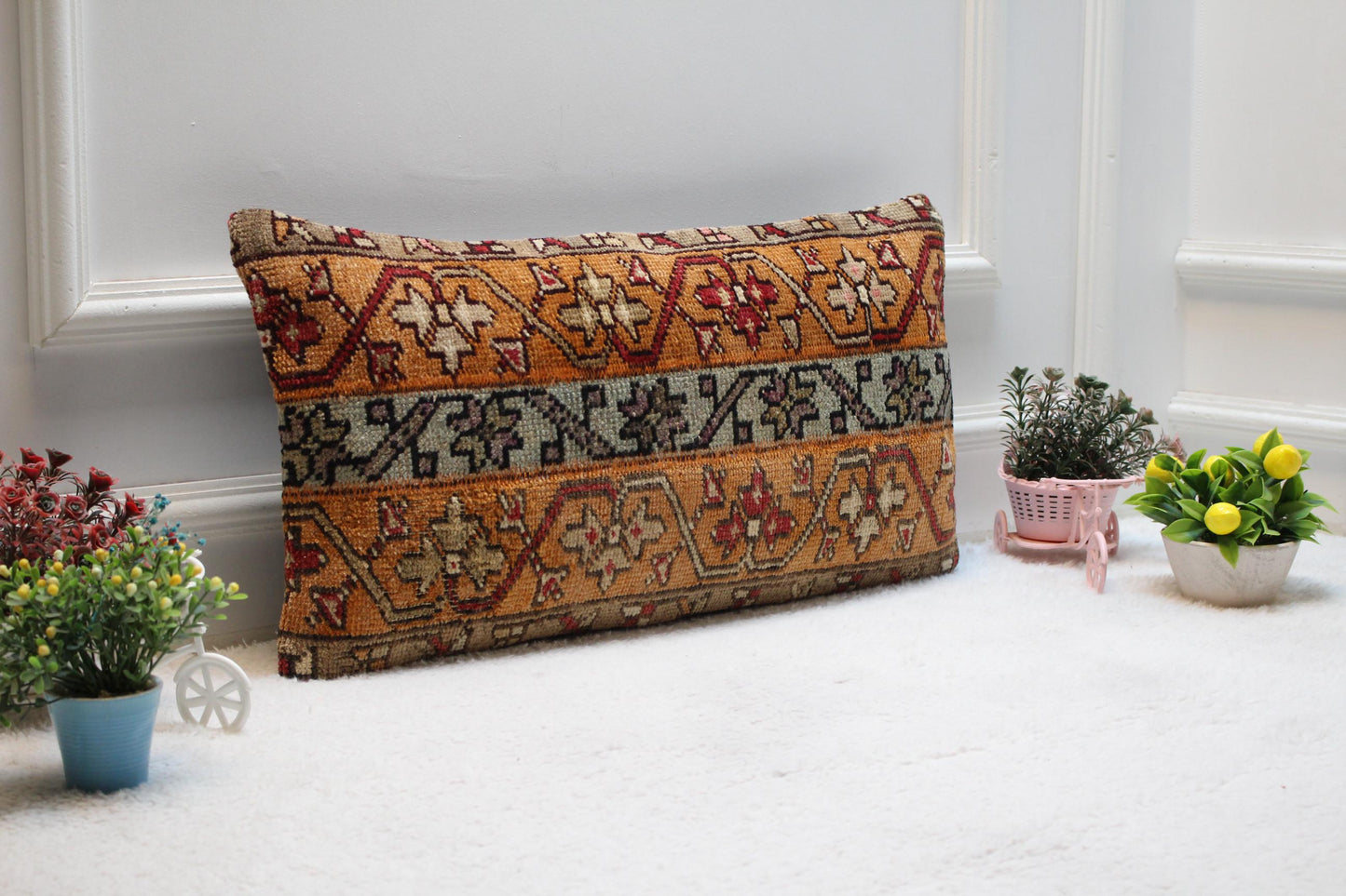 Handmade Turkish Rug Pillow Cover: Patchwork Boho Decor (12x24 in)