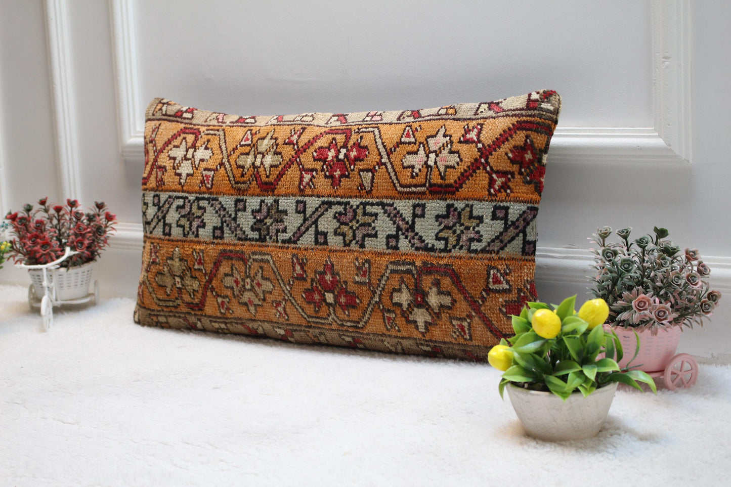 Handmade Turkish Rug Pillow Cover: Patchwork Boho Decor (12x24 in)