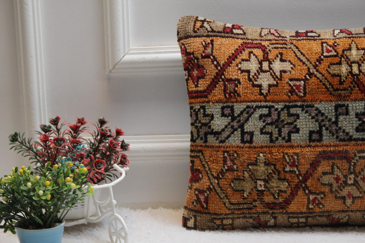 Handmade Turkish Rug Pillow Cover: Patchwork Boho Decor (12x24 in)