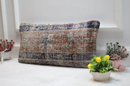 Blue Vintage Turkish Rug Pillow Cover: Organic Wool Lumbar Pillow (12x24 in)