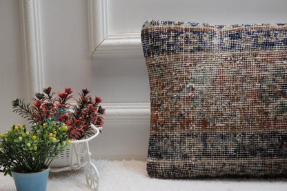 Blue Vintage Turkish Rug Pillow Cover: Organic Wool Lumbar Pillow (12x24 in)