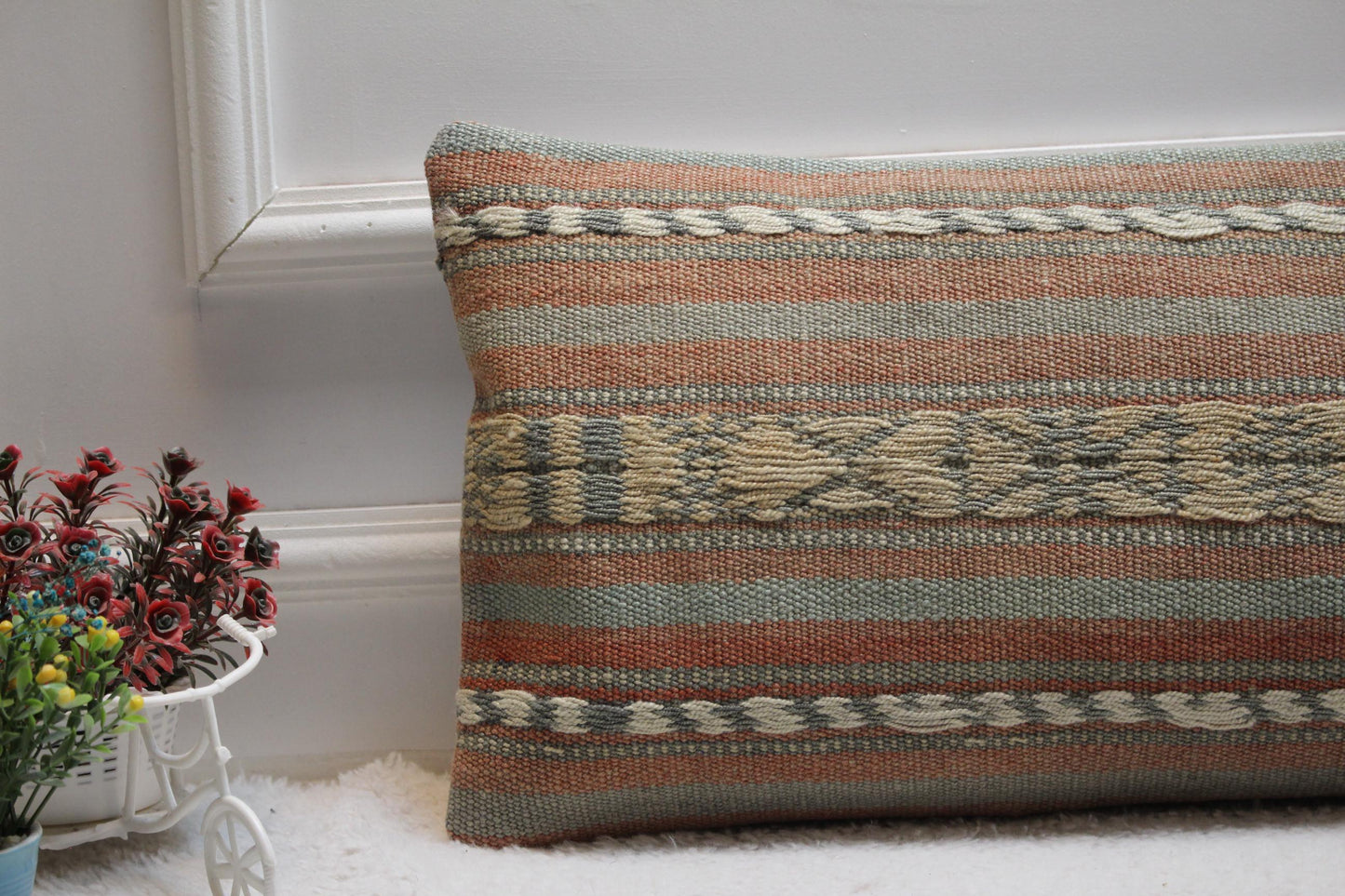 Striped Kilim Lumbar Pillow Cover: 12x24 Boho Decor