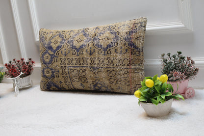 Blue Boho Turkish Rug Pillow Cover: Organic Wool Lumbar Pillow, 12x24