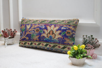 Blue Floral Turkish Rug Pillow Cover: Vintage Lumbar Cushion (12x24 inc)